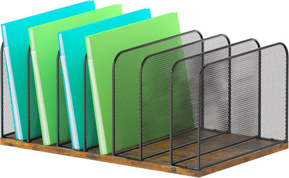 Piskyet Wooden Desk File Organizer, 5-Section Vertical File Folder Holder Stand,Metal Mail Paper Chromebook Organizer for Teacher Desk Office Classroom Desktop Organization