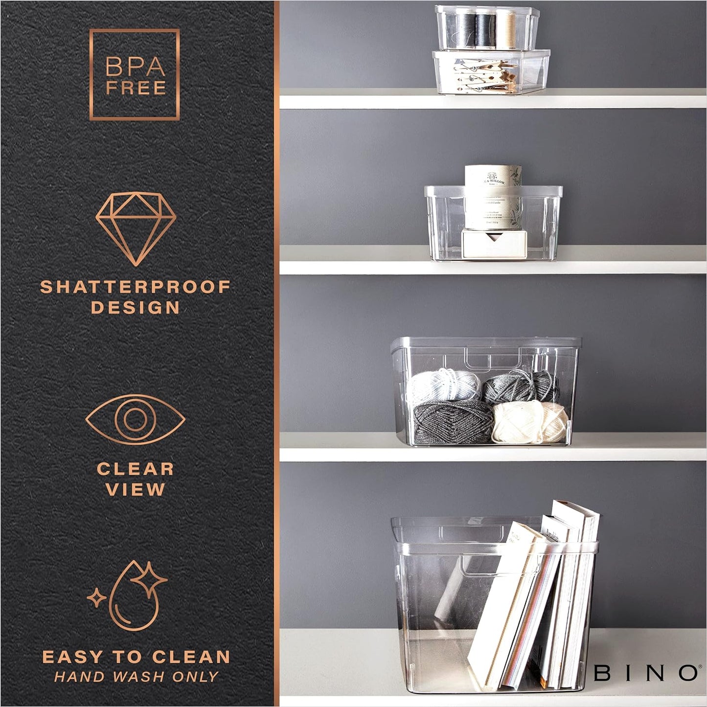 BINO | Plastic Storage Bins, X-Small - 5 Pack | THE LUCID COLLECTION | Multi-Use Built-In Handles BPA-Free Clear Storage Containers | Fridge Organizer | Pantry & Home Organization