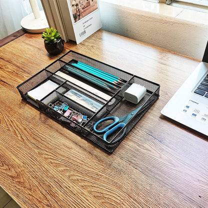 Metal Mesh Desk Drawer Organizer Tray, 6-Compartment Office Drawer Organizer for Pens Supplies, 12.6"x8.27"x1.57" Black