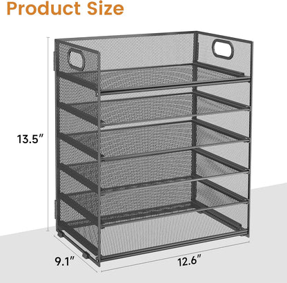 Subekyu 6 Tier Office File Paper Desk Tray Organizer with Handle, Stackable Slide Mesh Letter Tray Folder Blue Desk Organizer, Desktop Document Sorter for Classroom, Office, Home Supplies Storage