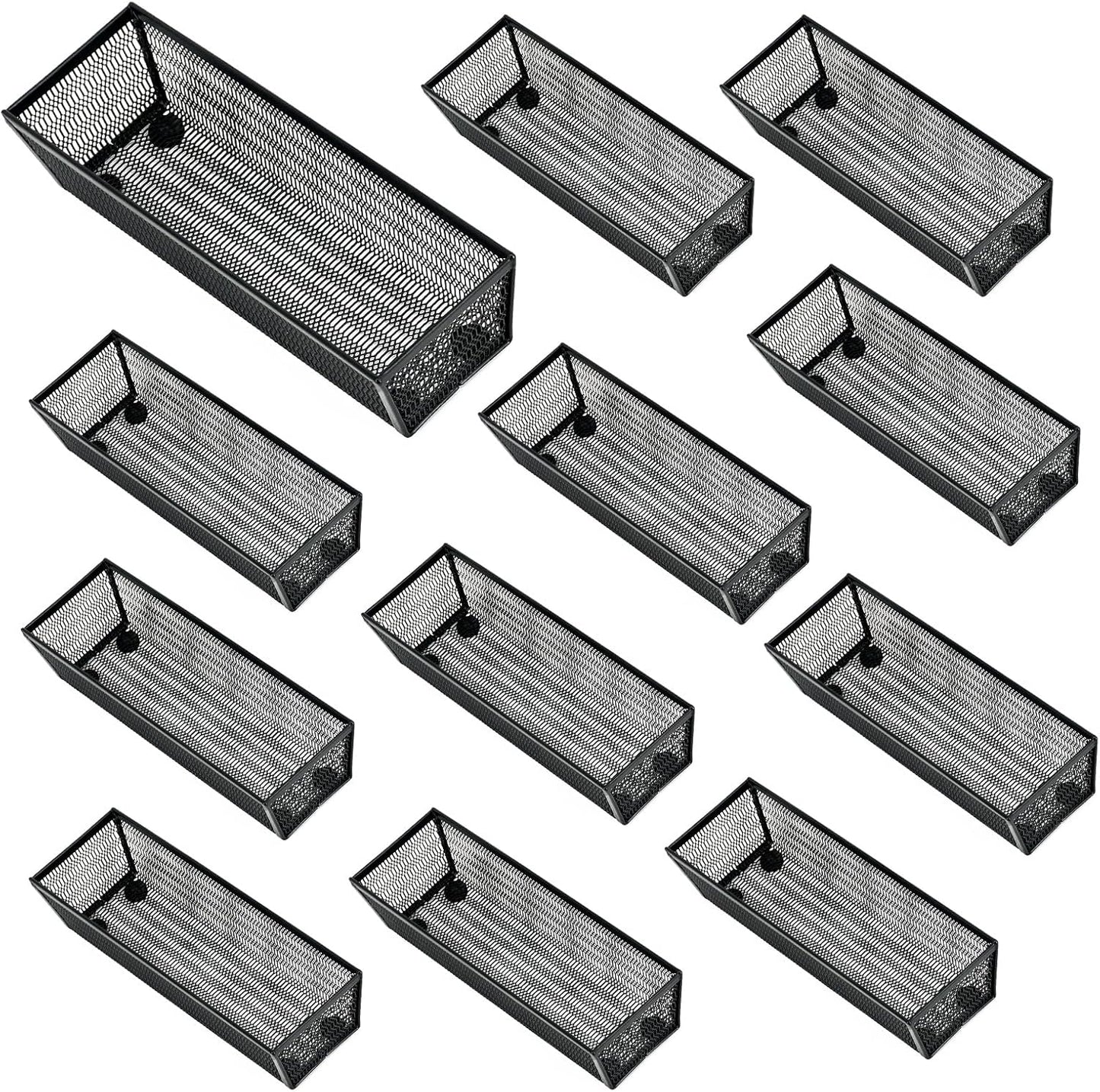 Neudeco Drawer Organizer Set 6 Pack - 5-Compartment Silverware Organizer Tray + 5 Utensil Trays, Kitchen Drawer Organizer for Flatware, Cutlery, Office Supplies, Black Mesh, Non-Slip.