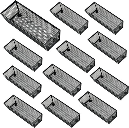 Neudeco Drawer Organizer Set 6 Pack - 5-Compartment Silverware Organizer Tray + 5 Utensil Trays, Kitchen Drawer Organizer for Flatware, Cutlery, Office Supplies, Black Mesh, Non-Slip.