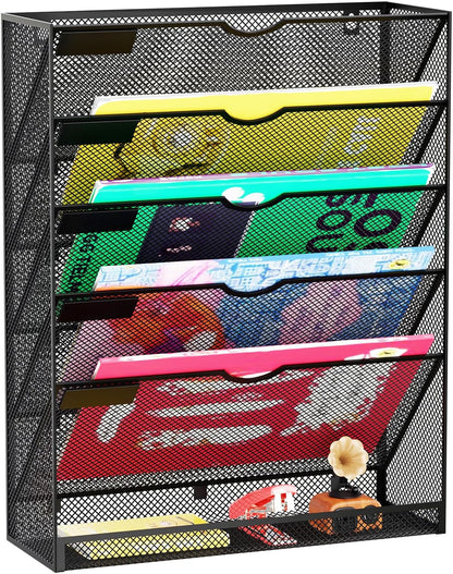 Wall File Organizer Holder Mesh Hanging Paper Document Holder,Vertical 6 Pocket Tier for Office Home, Black