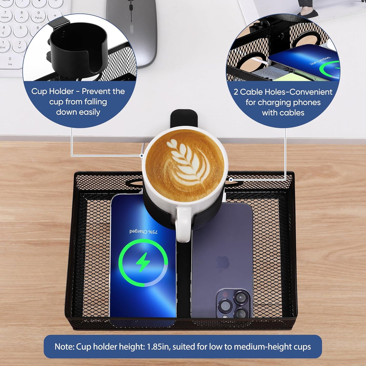 360 Rotating Under Desk Drawer Organizer with Cup Holder Clamp On Desk Drawer No Drilling Table Management Tray Anti-Slip Swivel Pencil Drawer Under Table Storage Easy Install for Home Office