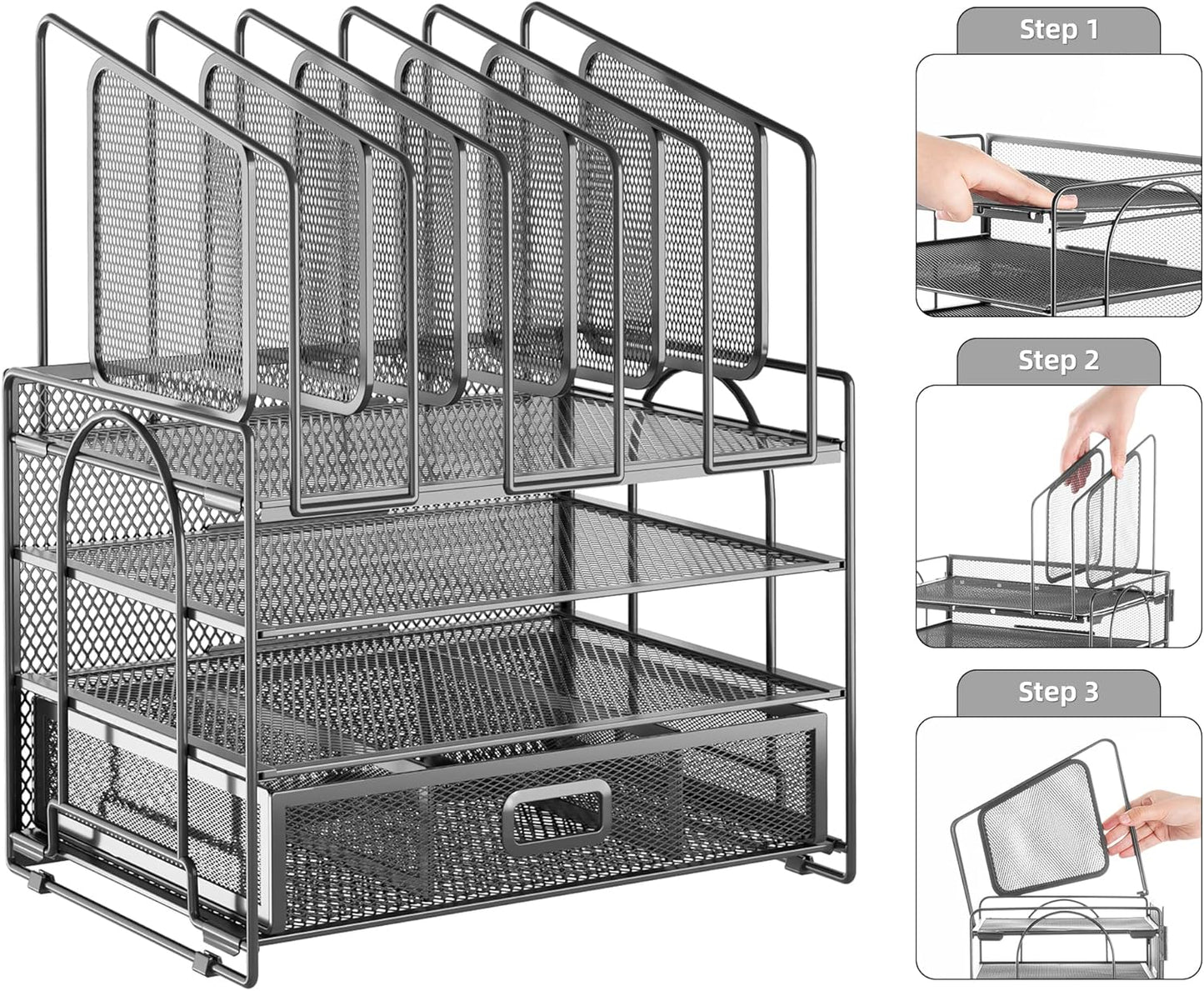 Marbrasse Desk Organizer with Drawer, 4-Tier Mesh File Organizer with 5 Vertical File Holders and 2 Pen Holders, Multifunction Desktop Organizer,Desk Organizers and Accessories for Home Office
