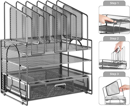 Marbrasse Desk Organizer with Drawer, 4-Tier Mesh File Organizer with 5 Vertical File Holders and 2 Pen Holders, Multifunction Desktop Organizer,Desk Organizers and Accessories for Home Office