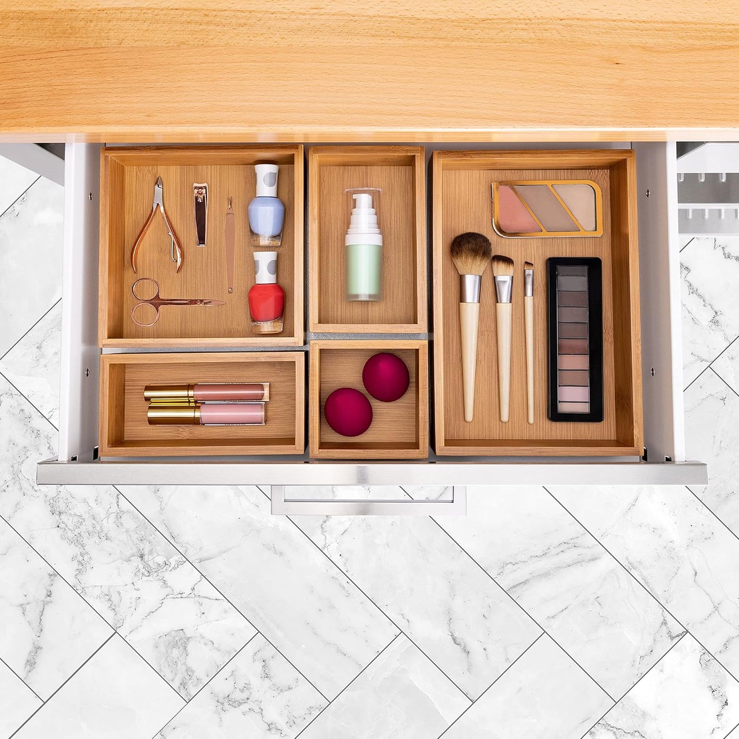 Seville Classics Bamboo Premium Organizer Storage Bins for Kitchen Silverware, Pantry, Closet, Office Desk, Pens, Utensils, Makeup, K Cup, Bamboo, Bag Holder Bin Set (4 Piece)