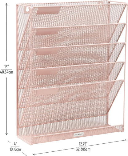 Mind Reader 5-Pocket Vertical File Storage, Desktop Organizer, Wall Mount, Office, Metal Mesh, Pink