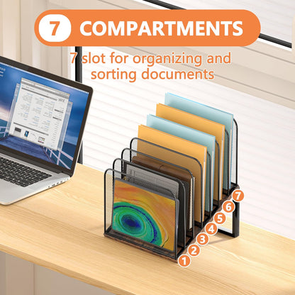 Piskyet Wooden Desk File Organizer, 5-Section Vertical File Folder Holder Stand,Metal Mail Paper Chromebook Organizer for Teacher Desk Office Classroom Desktop Organization（Inclined）