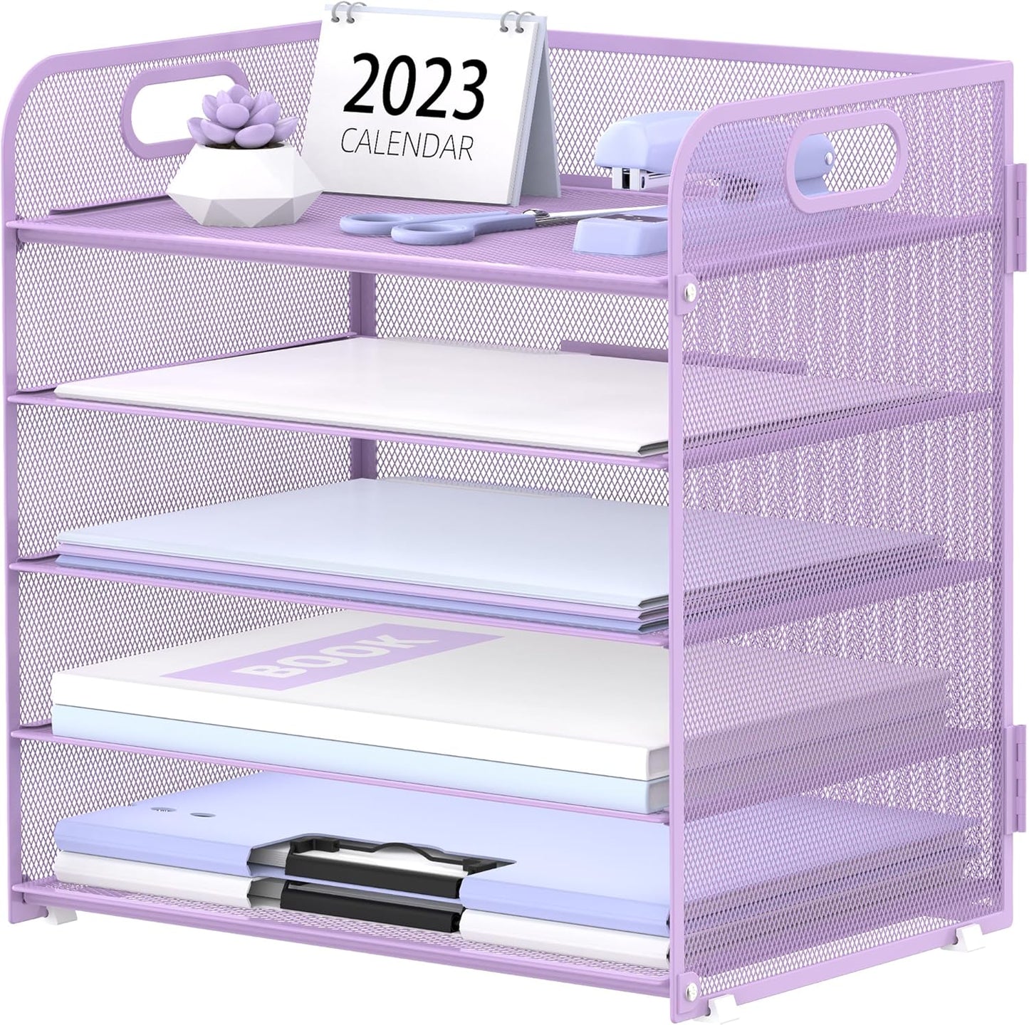 Supeasy 5 Trays Paper Organizer Letter Tray with Handle-Mesh Desk File Holders, Paper Sorter Desk Organizer for Office, Home, Classroom or School, White