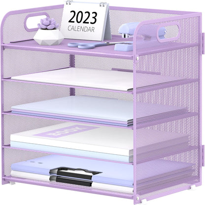 Supeasy 5 Trays Paper Organizer Letter Tray with Handle-Mesh Desk File Holders, Paper Sorter Desk Organizer for Office, Home, Classroom or School, White