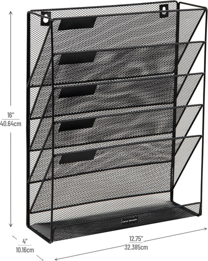 Mind Reader 5-Pocket Vertical File Storage, Desktop Organizer, Wall Mount, Office, Metal Mesh, Pink