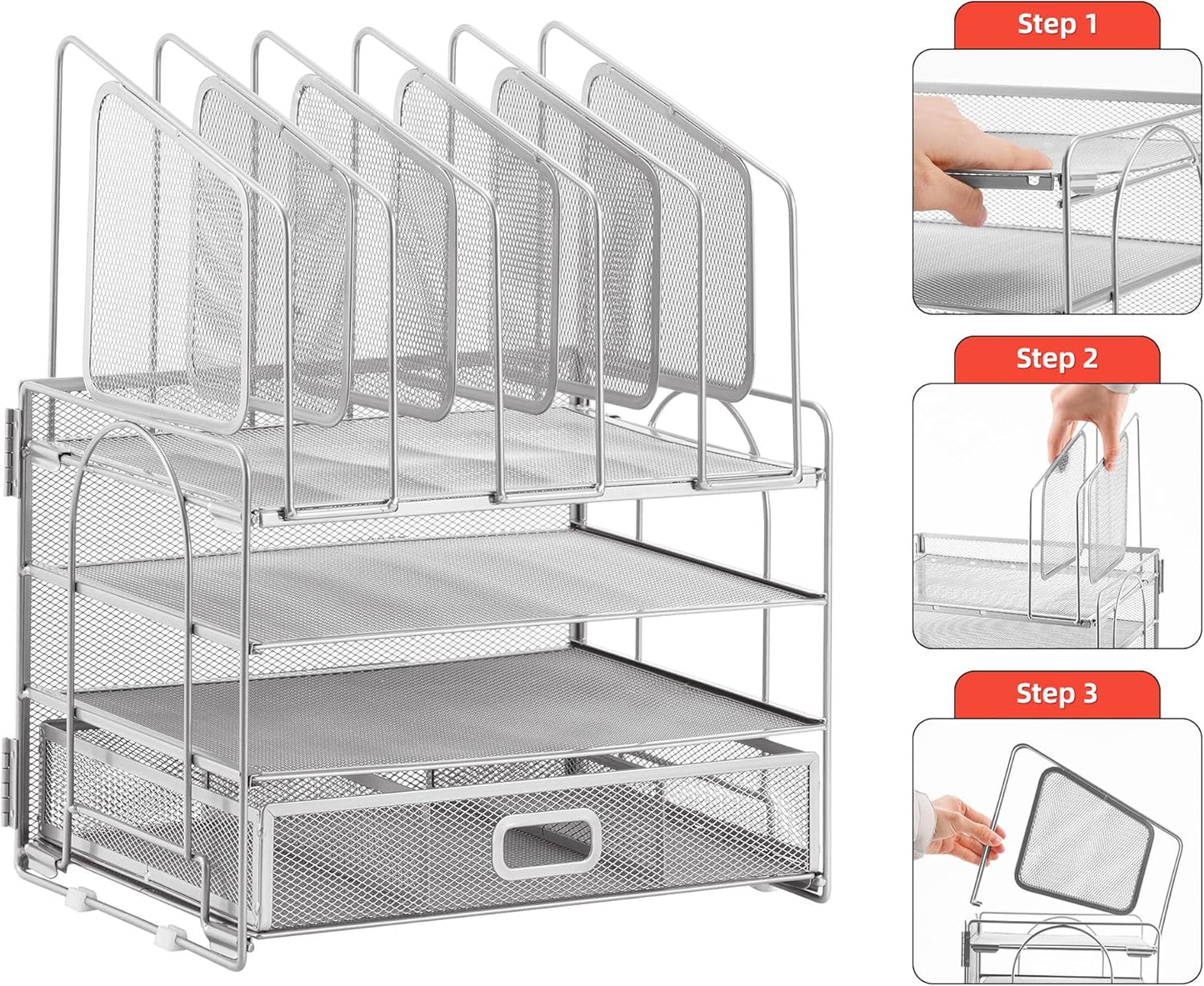 Marbrasse Desk Organizer with Drawer, 4-Tier Mesh File Organizer with 5 Vertical File Holders and 2 Pen Holders, Multifunction Desktop Organizer,Desk Organizers and Accessories for Home Office