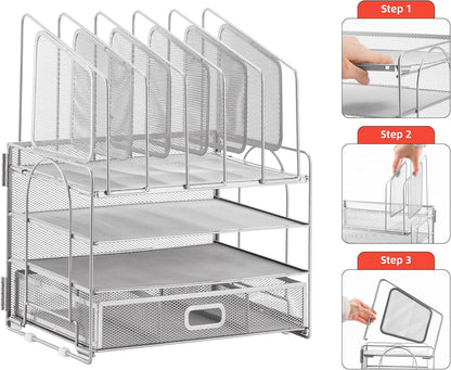 Marbrasse Desk Organizer with Drawer, 4-Tier Mesh File Organizer with 5 Vertical File Holders and 2 Pen Holders, Multifunction Desktop Organizer,Desk Organizers and Accessories for Home Office