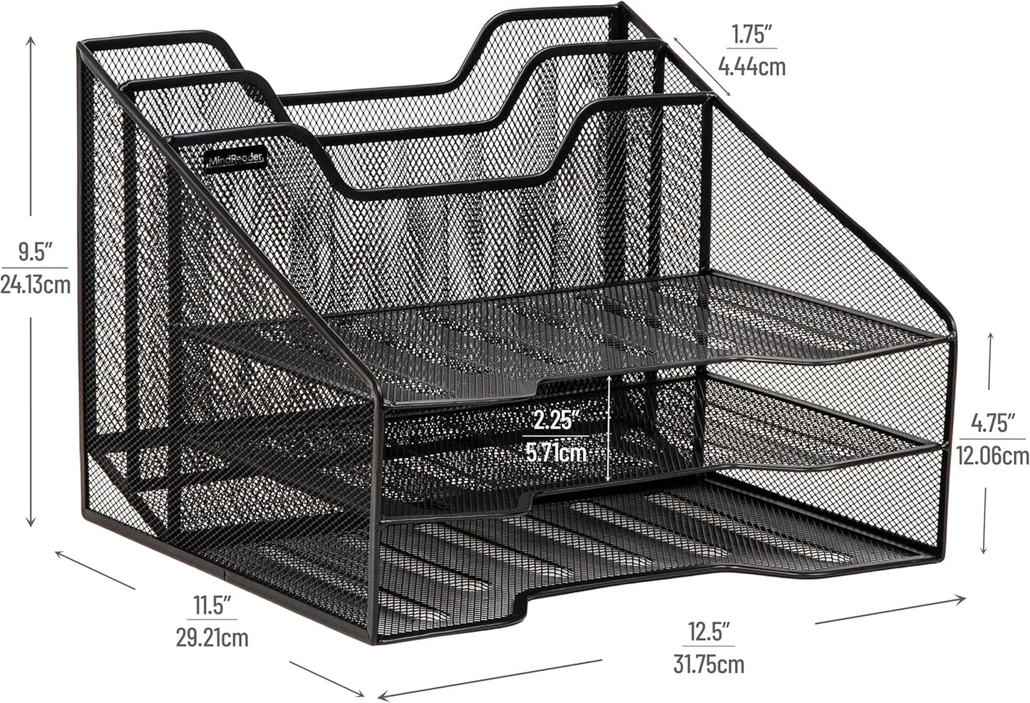 Mind Reader Metal Mesh Desktop File Organizer, 3-Tier Paper Tray with 5 Compartments, Office Mail Sorter, White