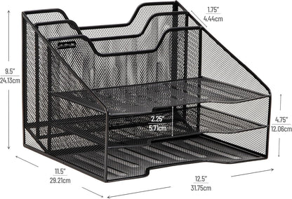 Mind Reader Metal Mesh Desktop File Organizer, 3-Tier Paper Tray with 5 Compartments, Office Mail Sorter, White