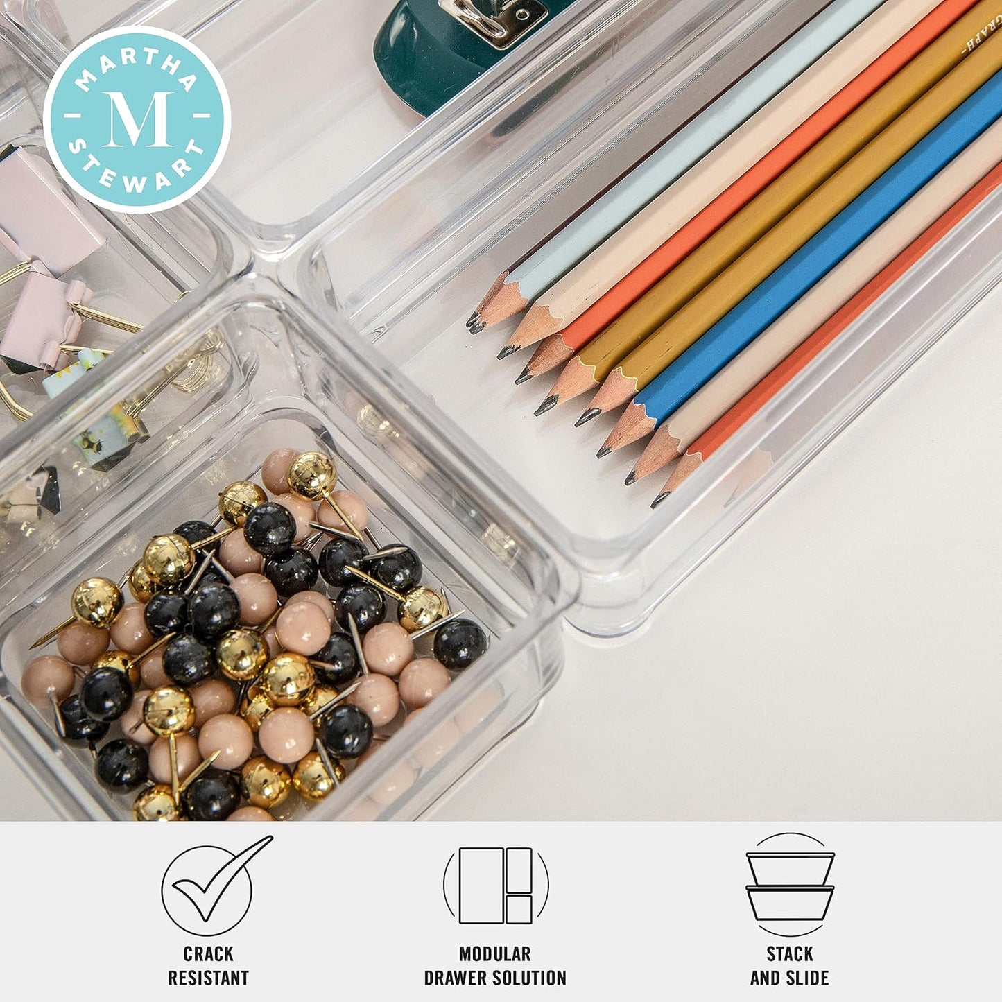 Martha Stewart Miles Plastic Stackable Office Desk Drawer Organizers, Set of 6, Clear