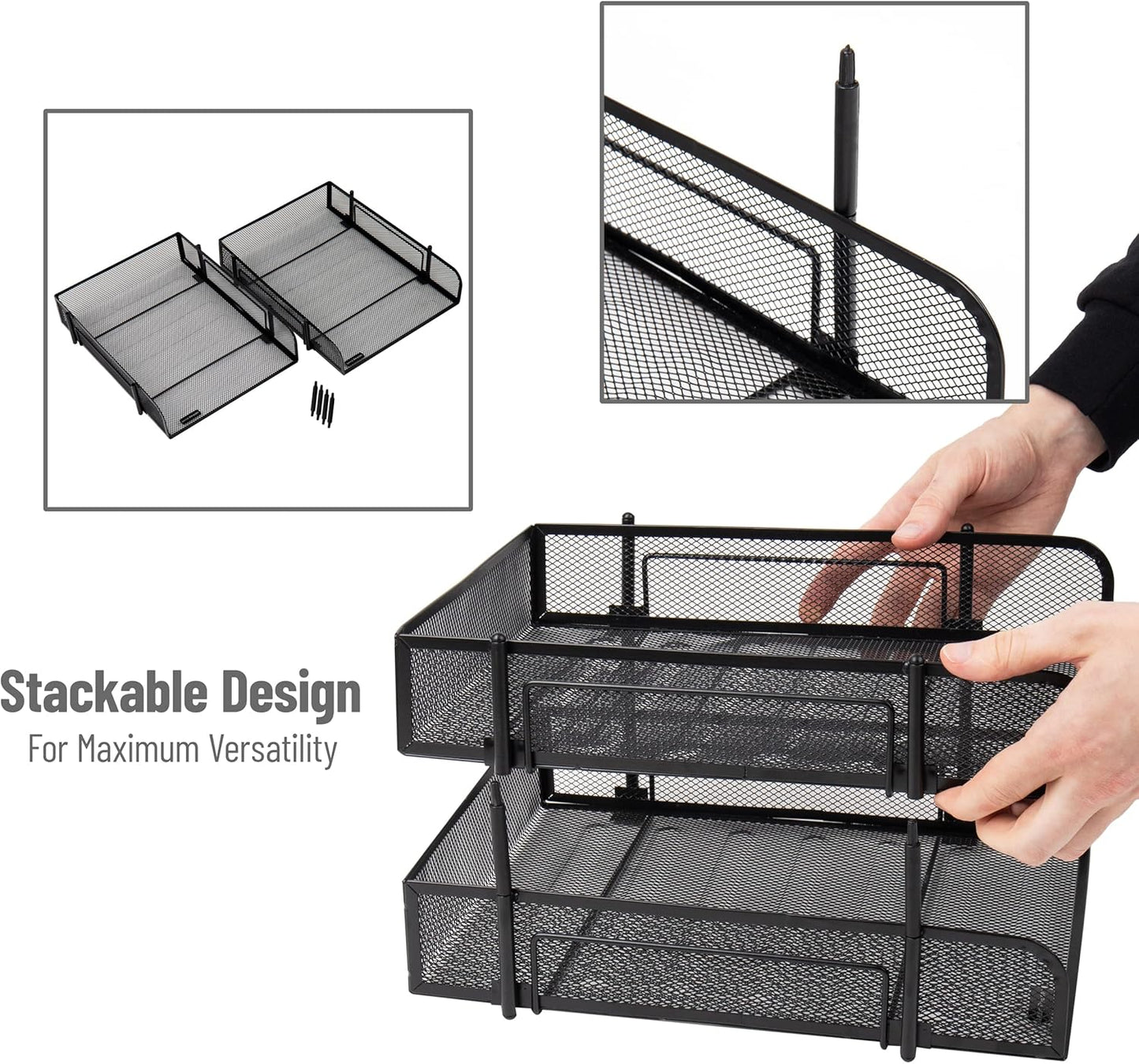 Mind Reader Paper Tray, Desk Organizer, Stackable, Storage, Office, Metal Mesh, 10.5" L x 13.25" W x 7.5" H, Set of 2, Black