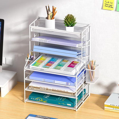 7 Tier Desk File Organizer – Vertical File Organizer for Desk with Removable Pen Holder & Adjustable Pull-out Drawer – Metal Document Organizer for Office, Simple Trending Design – Black