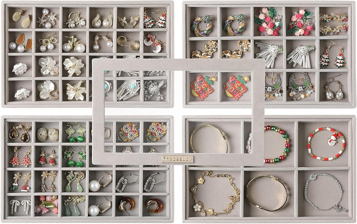 Frebeauty Stackable Jewelry Trays, Velvet Drawer Jewelry Organizer with Glass Lid,5 in 1 Multi-Functional Jewelry Storage for Earrings Necklaces Rings, 10.5 x 6.5 x 5.55 Inches Gift for Women(Beige)