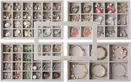 Frebeauty Stackable Jewelry Trays, Velvet Drawer Jewelry Organizer with Glass Lid,5 in 1 Multi-Functional Jewelry Storage for Earrings Necklaces Rings, 10.5 x 6.5 x 5.55 Inches Gift for Women(Beige)