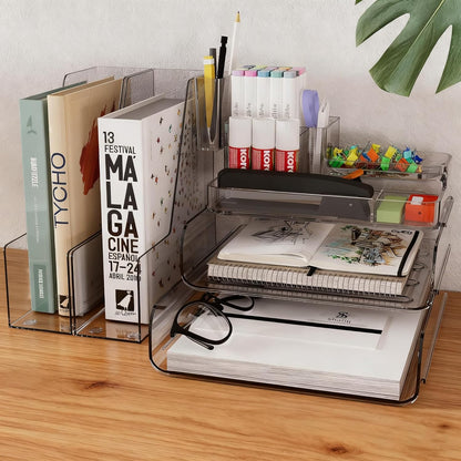 Clear Desk Organizer Set – 6-Piece Desktop Organizer with File Tray, Small Tray, Desk Organizer, Pencil Holder & 2 Magazine Holders – Plastic Office Supply Organizer for Home, School & Office