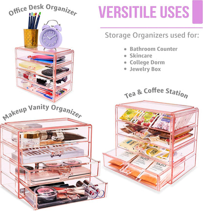 Sorbus Acrylic Makeup Organizer Set, 4-Drawer Vanity & Countertop Cosmetic Storage with Wide Drawers, Clear Makeup Storage for Brushes, Lipsticks, Jewelry – Holiday Gift for Women & Teens