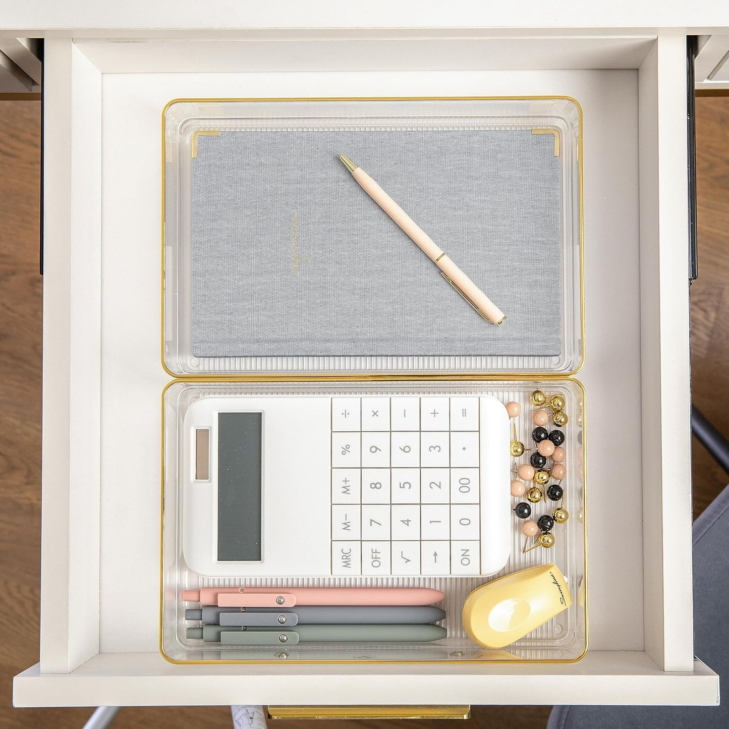 Martha Stewart Kerry Plastic Stackable Office Desk Drawer Organizers, 6" x 3", 6 Pack, with Gold Trim