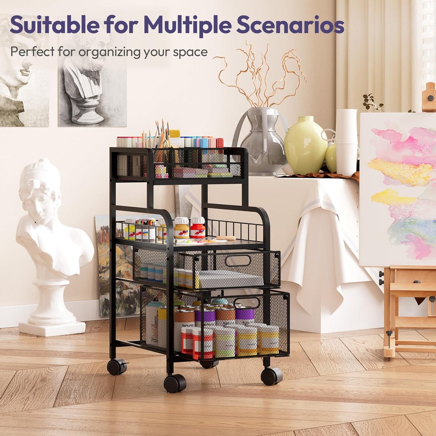 SWTYMIKI Rolling Cart with Drawers - Metal Utility Cart with Wood Shelf, DIY Divider and Locking Wheels, Craft & Art Cart Organizer for Under Desk Storage for Home Office Studio, Espresso