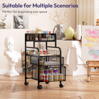 SWTYMIKI Rolling Cart with Drawers - Metal Utility Cart with Wood Shelf, DIY Divider and Locking Wheels, Craft & Art Cart Organizer for Under Desk Storage for Home Office Studio, Espresso