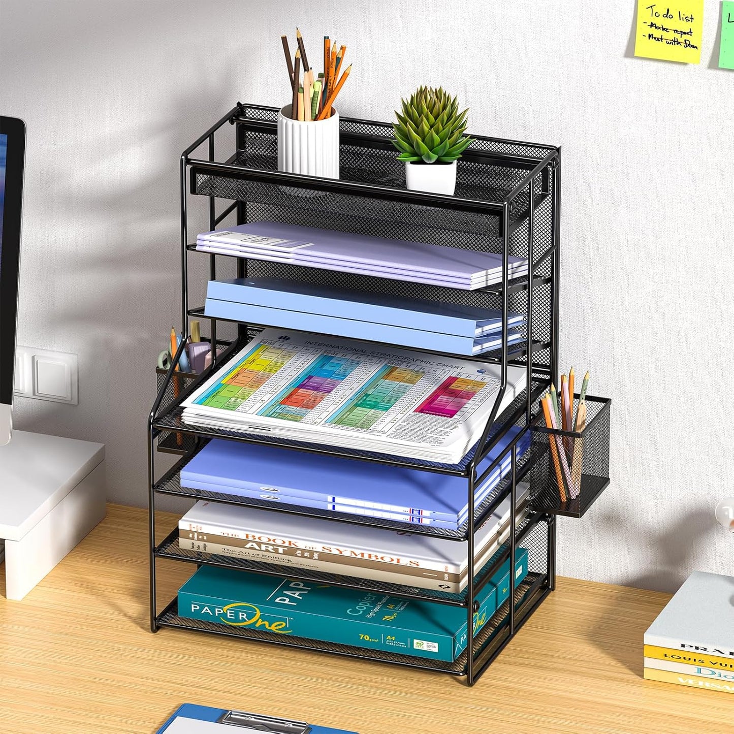 7 Tier Desk File Organizer – Vertical File Organizer for Desk with Removable Pen Holder & Adjustable Pull-out Drawer – Metal Document Organizer for Office, Simple Trending Design – Black