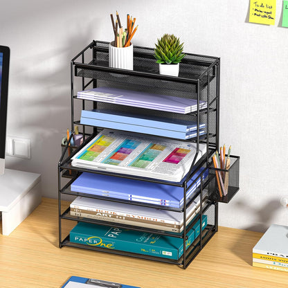 7 Tier Desk File Organizer – Vertical File Organizer for Desk with Removable Pen Holder & Adjustable Pull-out Drawer – Metal Document Organizer for Office, Simple Trending Design – Black