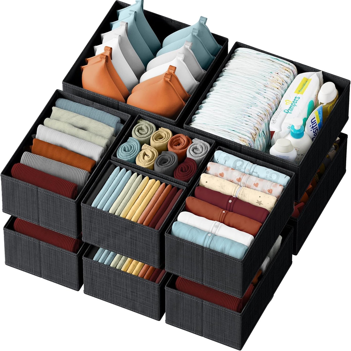 Drawer Organizer Clothes Set of 12 Grey - Dresser Organizer For Nursery, Bedroom, Closet - The Perfect Baby Clothes Organizer and Storage & General Nursery Organization or Dresser Drawer Organizers
