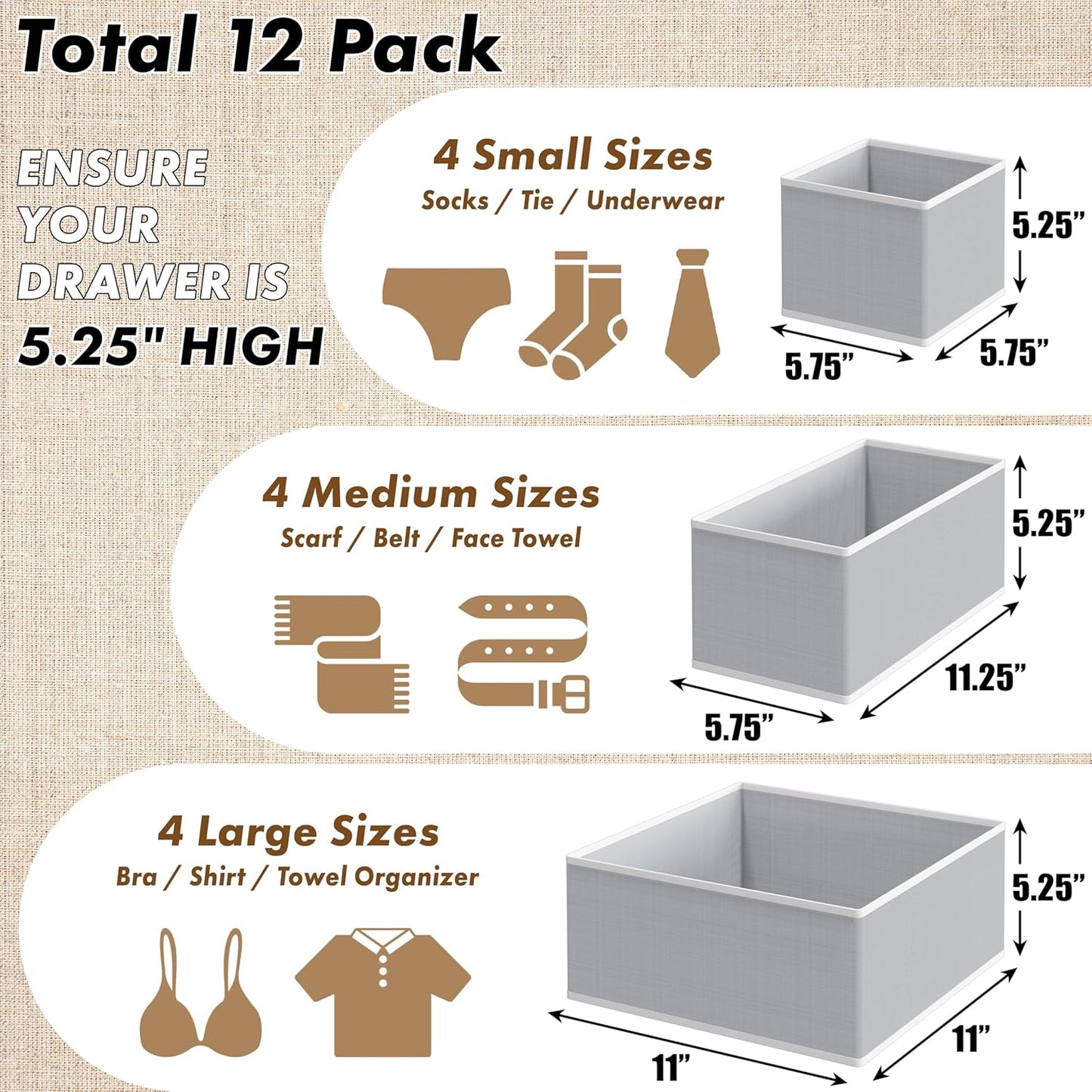 SIMPLE HOUSEWARE Foldable Drawer Organizer for Clothes/Underwear/Panty/Onesie Stocking Bin, Set of 12, Black