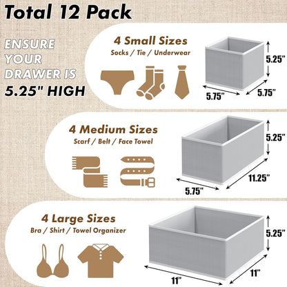 SIMPLE HOUSEWARE Foldable Drawer Organizer for Clothes/Underwear/Panty/Onesie Stocking Bin, Set of 12, Black