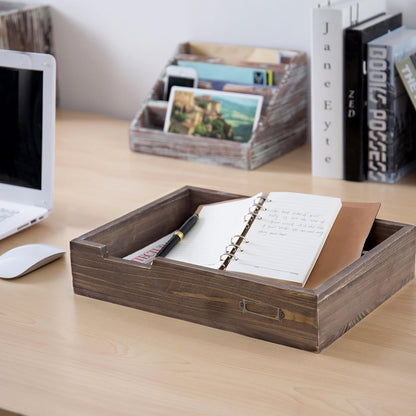 MyGift Distressed Brown Vintage Wood Paper Tray, Office Desktop Document, File Folder, Magazine Holder Tray