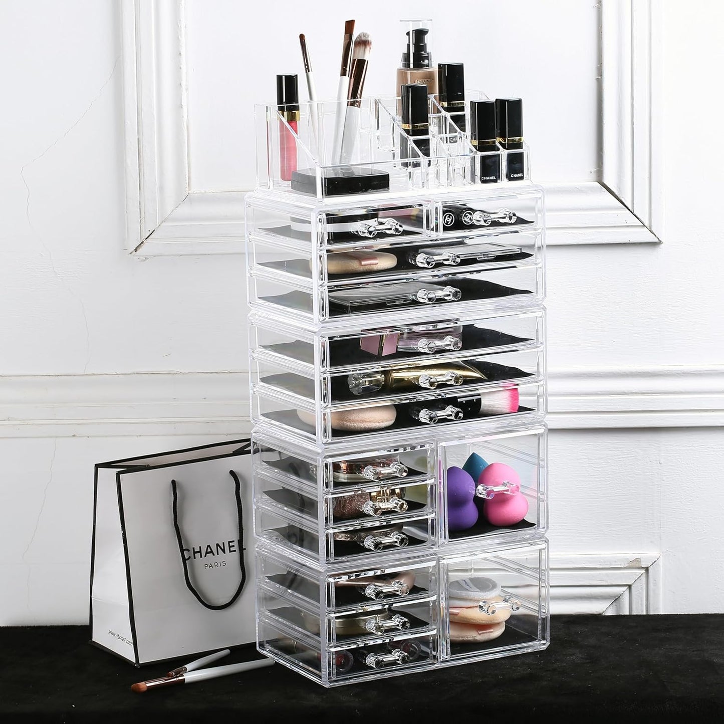 Ikee Design Acrylic Makeup Organizer with 4 Drawers and Removable Top Lipstick Holders, Ideal for Make-up or Accessories,Enhance Your Vanity or Bathroom with Clear Design for Quick Visibility