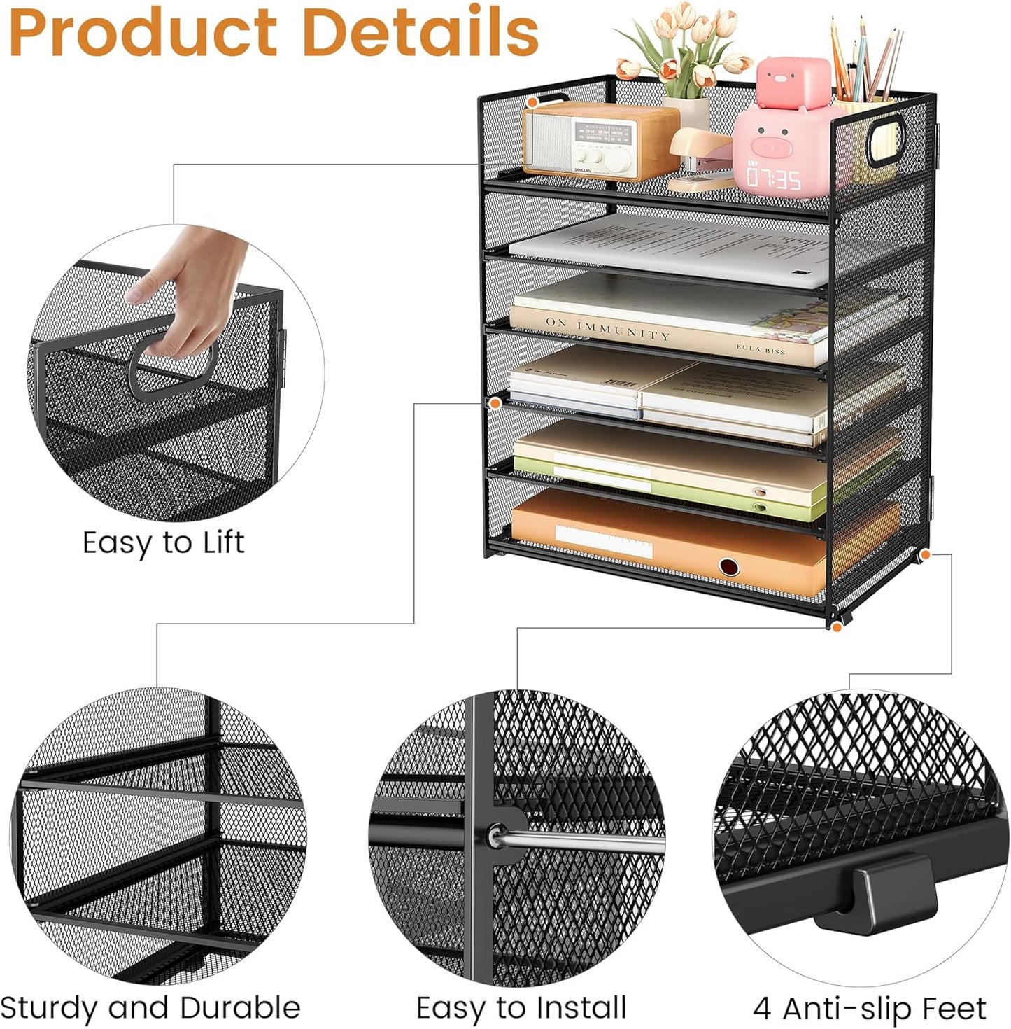 Subekyu 6 Tier Office File Paper Desk Tray Organizer with Handle, Stackable Slide Mesh Letter Tray Folder Blue Desk Organizer, Desktop Document Sorter for Classroom, Office, Home Supplies Storage