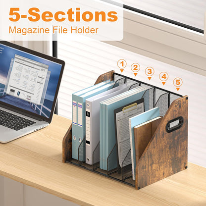 Piskyet Binder Organizer for Desk,Wooden Desk Magazine File Holder with 5 Vertical Compartments Rack File Organizer for Teacher Office Desktop,Home Workspace