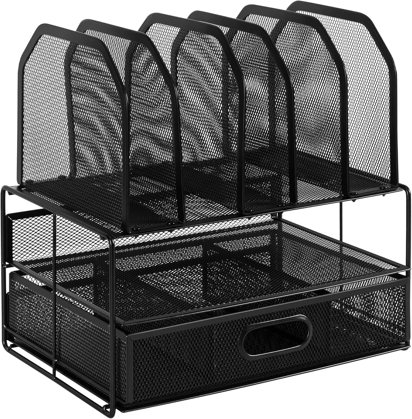 Amazon Basics Mesh Desk Organizer with Sliding Drawer, Double Tray and 5 Upright Sections, File Holder for Office Supplies, Paper Letter Tray, Black