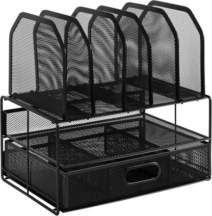 Amazon Basics Mesh Desk Organizer with Sliding Drawer, Double Tray and 5 Upright Sections, File Holder for Office Supplies, Paper Letter Tray, Black