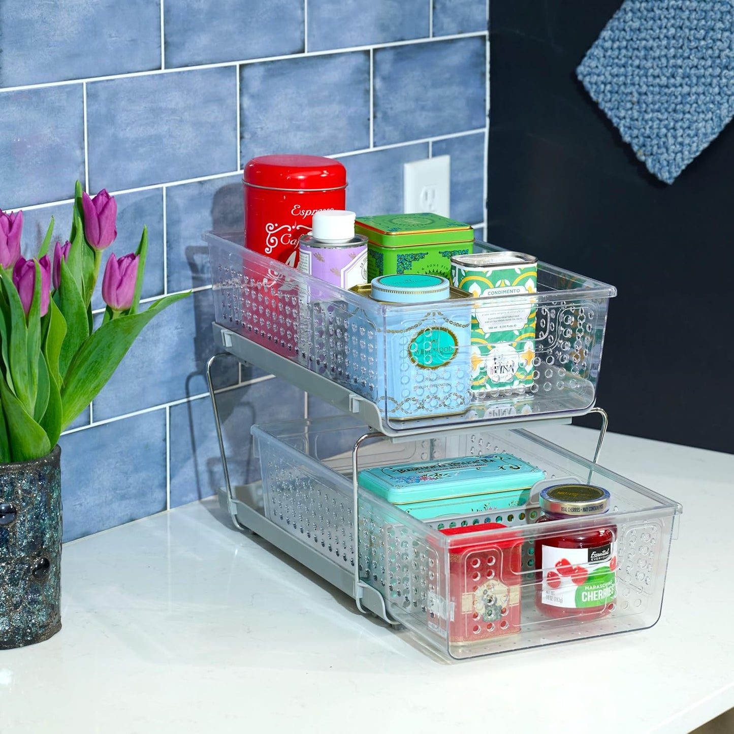 madesmart Two-Tier Bathroom Cabinet Organizer, Sliding Drawer Storage for Bottles, Sponges & Cleaning Supplies, Blue