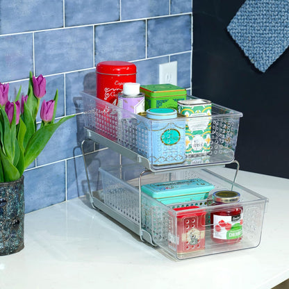 madesmart Two-Tier Bathroom Cabinet Organizer, Sliding Drawer Storage for Bottles, Sponges & Cleaning Supplies, Blue