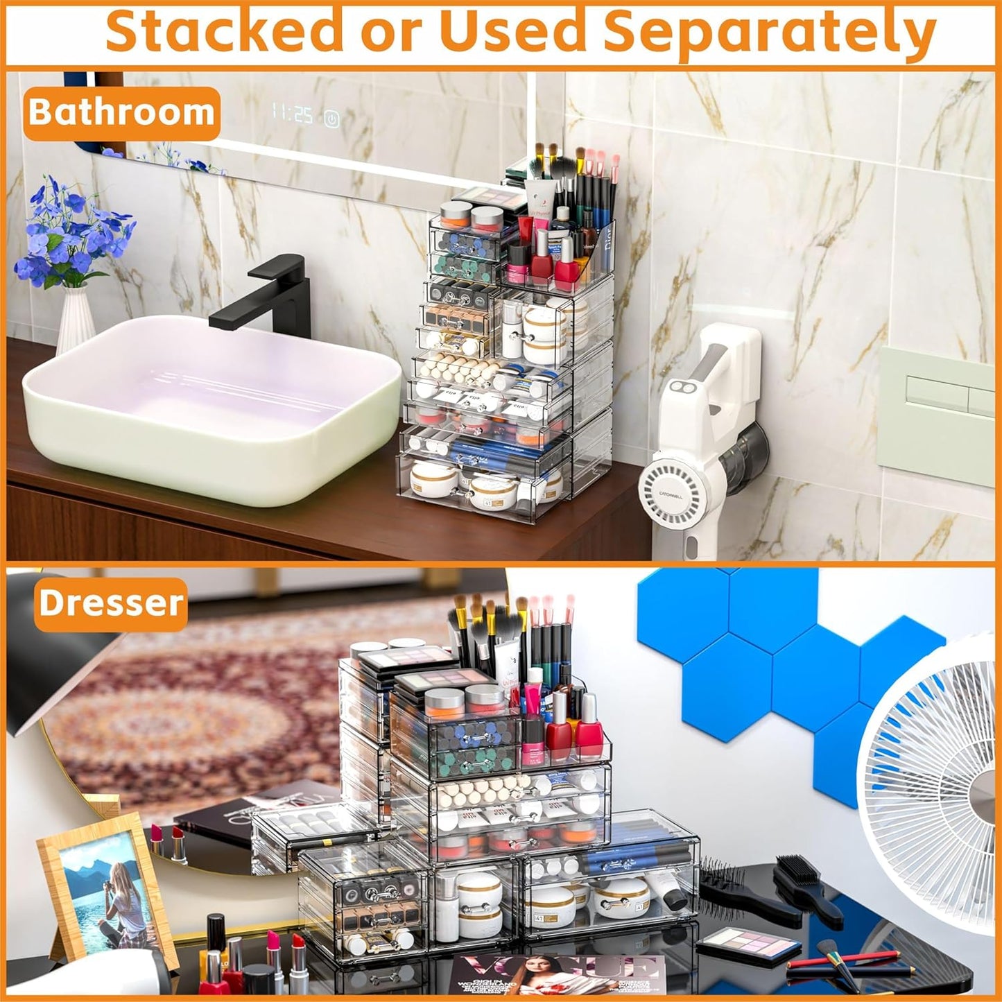 Acrylic Clear Makeup Organizer Countertop,Stackable Skincare Organizer for Vanity With 8 Drawers,Large Plastic Desk Accessories Organization,Bathroom Cosmetic Organizer Countertop for Beauty,Skin Care