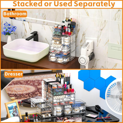 Acrylic Clear Makeup Organizer Countertop,Stackable Skincare Organizer for Vanity With 8 Drawers,Large Plastic Desk Accessories Organization,Bathroom Cosmetic Organizer Countertop for Beauty,Skin Care