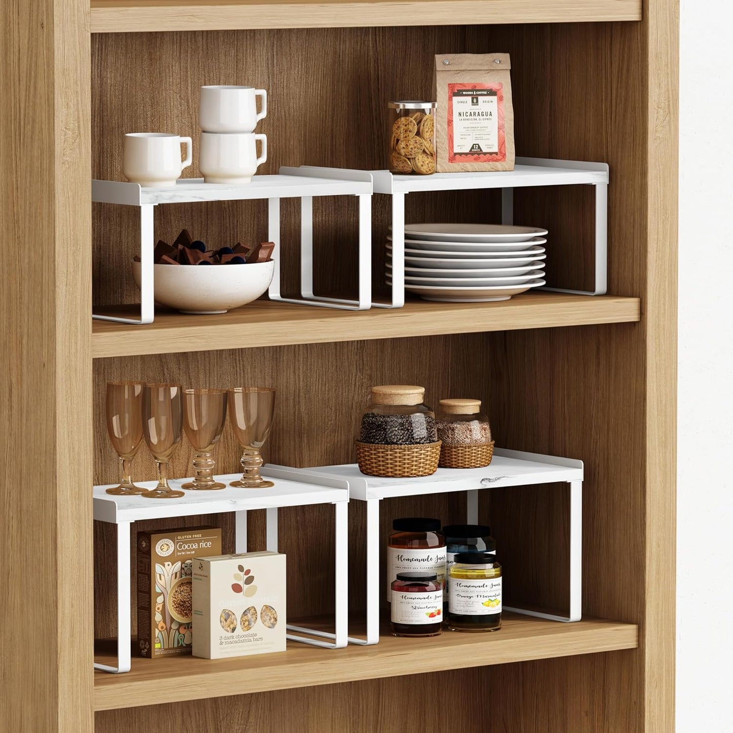 Goozii Kitchen Cabinet Organizer Shelf Set of 4, Large Stackable Pantry Cupboard Countertop Storage and Organizer, Desk Shelf Riser, Spice Plate Cup Expandable Storage Rack (Bamboo White)