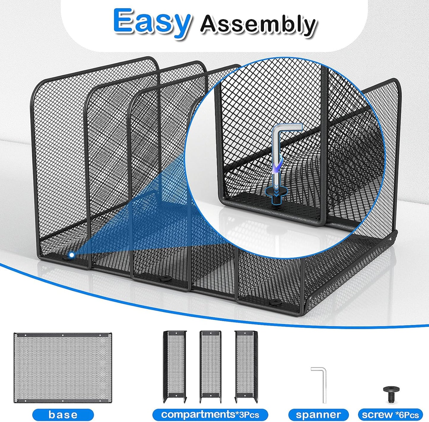 TOPCJ 5 Sections Desk File Holder/Rack/Sorter,Mesh File Organizer,File Folder Organizer,Metal Upright Desktop Organization for Documents,Magazine,Kitchenware,Antiskid,Antirust,Sturdy,1 Pack