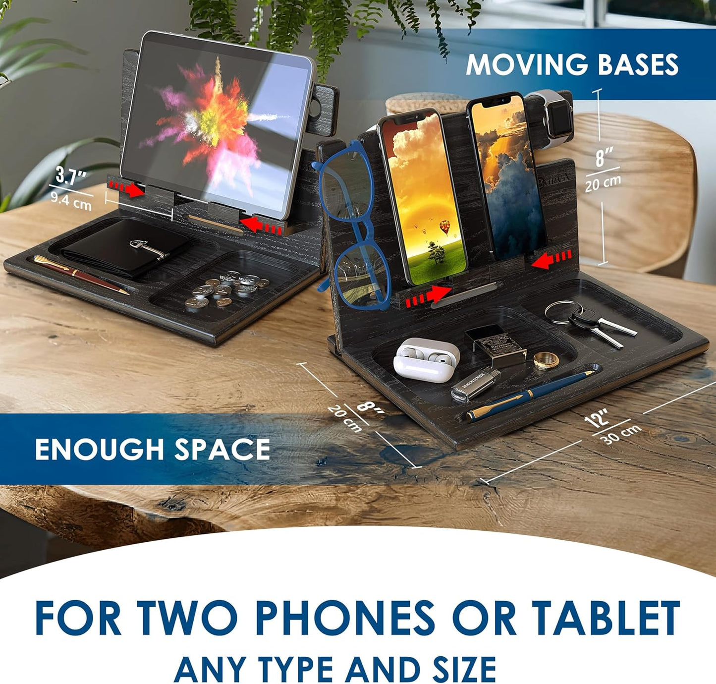 BarvA Two Phone Docking Station | Night Stand Desk Organizer | Wood Nightstand Organizer | Tablet Smart Watch Earbuds Charging Station | Upgraded Dresser Phone Stand | Bed Room Decor Gifts for Men