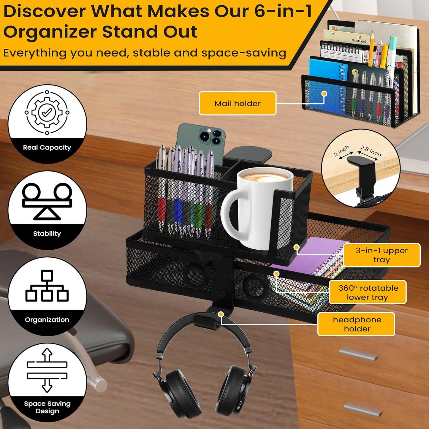 6-in-1 Clamp On Desk Organizer with Cup Holder & 360° Rotating Under Desk Drawer, Swappable Parts, Easy to Install Standing Desk Drawer Attachment, Space-Saving for Home & Office