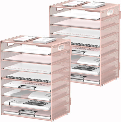 DALTACK 9-Tier Paper Organizer for Desk, Mesh Letter Tray Desk Organizer with Handles, Space-Saving File Organizer for Office Home School Classroom, Black